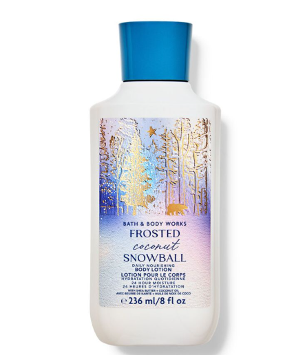 لوشن الجسم "فروستيد كوكونت سنو بول" (Frosted Coconut Snowball) من علامة باث آند بودي وركس (Bath & Body Works).